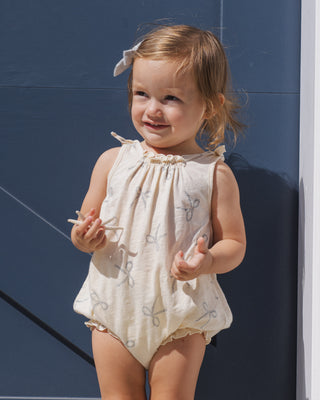 Rylee & Cru sailor-themed shoulder tie bubble romper with bow details, perfect for toddler girls.