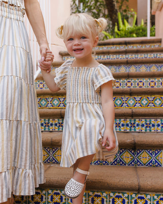 Rylee & Cru Lindsay Dress in Valencia Stripe, a stylish girl's dress with colorful stripe pattern and comfortable fit.