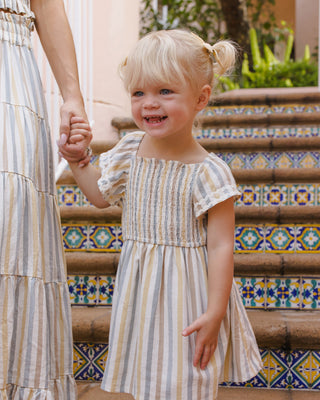 Rylee & Cru Lindsay Dress in Valencia Stripe, featuring a cute, casual dress with colorful stripe patterns for kids.