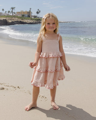 Rylee & Cru petal gingham ruffled swing dress for girls, featuring a playful, feminine design with ruffle details and a classic pattern.