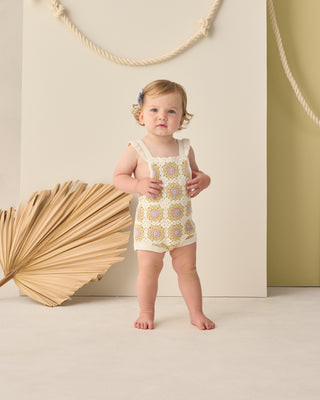 Rylee & Cru citron daisy check crochet romper for infants, featuring a soft, textured fabric and adorable design.