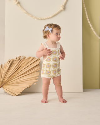 Rylee & Cru crochet romper in citron daisy check fabric, featuring a cute, lightweight design perfect for warm weather.