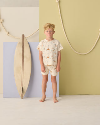 Rylee & Cru Surf Town 2-piece play set for kids, featuring a colorful top and matching shorts with playful surf town design.