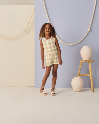 Rylee & Cru crochet tank top and shorts set in citron daisy check, casual outfit for kids, featuring a cute, coordinated design.