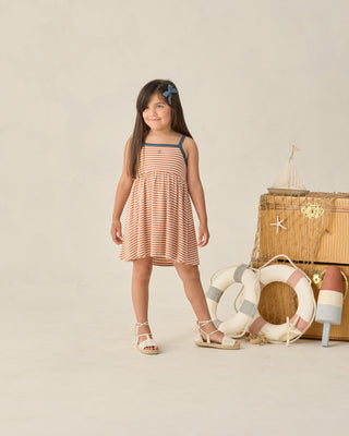 Rylee & Cru Lea Dress in Poppy Stripe with colorful striped pattern, soft fabric, and sleeveless design for children.