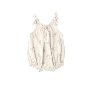 Rylee & Cru sailor-inspired shoulder tie bubble romper with bow details, natural fabric, perfect for baby and toddler wear
