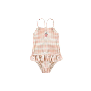 Rylee & Cru Tori Swimsuit with petal gingham pattern, featuring a skirted one-piece design for girls, front view.