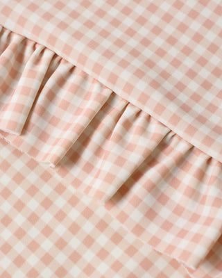 Rylee & Cru Tori Skirted One-Piece swimsuit in Petal Gingham, featuring a cute ruffled skirt and adjustable straps.
