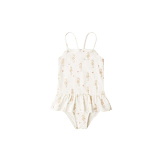 Rylee & Cru Tori Skirted One-Piece swimsuit with seahorse print, ivory color, featuring a skirted bottom for girls' swimwear.