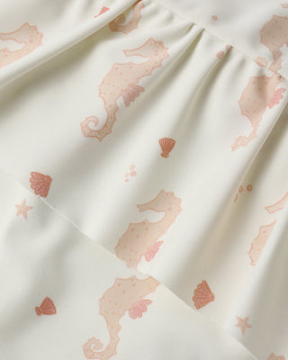 Rylee & Cru Tori Skirted One-Piece swimsuit with seahorse print in ivory, featuring a skirted design for girls.