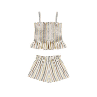 Rylee & Cru Clara 2-piece outfit in Valencia Stripe featuring a natural-colored top and matching striped bottoms for kids.