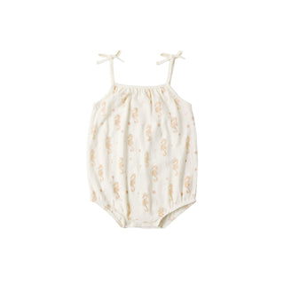 Rylee & Cru Nala Romper for babies featuring a seahorse print in ivory, soft fabric with short sleeves and snap closures.