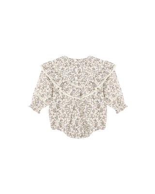 Rylee & Cru Winnie Romper - Winter Garden
A long-sleeve baby bodysuit with a delicate beige and brown floral print, featuring a large ruffled collar and ruffle trim along the neckline and cuffs, shown flat on a white background.