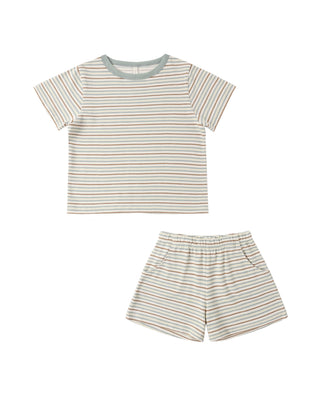 Rylee & Cru vintage stripe 2-piece play set for kids, featuring a green top and matching bottoms with colorful stripe pattern.