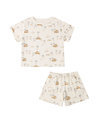 Rylee & Cru Surf Town 2-piece play set for kids, featuring a natural-colored top and shorts with playful surf-themed design.