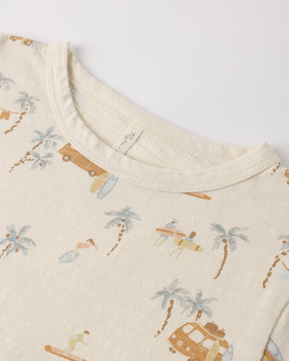 Rylee & Cru Surf Town 2-piece play set for kids, featuring a natural-colored top and matching shorts with playful surf town print.