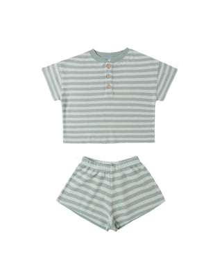Rylee & Cru summer waffle 2-piece outfit in sea green stripe, featuring a comfortable top and matching shorts for kids.