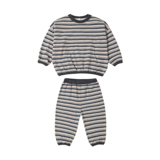Rylee & Cru Relaxed Set - Blue Stripe
A two-piece children's loungewear set featuring a long-sleeve top and matching pants with horizontal gray and navy stripes on a white background.