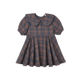 Rylee & Cru Camille Dress - Midnight Plaid
A toddler girl's dress with a dark blue and brown plaid pattern, featuring a Peter Pan collar, short puff sleeves, and a flared skirt, shown against a plain white background.