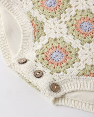 Rylee & Cru citron daisy check crochet romper for babies, featuring soft ivory fabric and intricate crochet details.