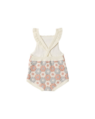 Rylee & Cru crochet romper in ivory with light pink and blue accents, featuring a soft, textured knit design for babies.