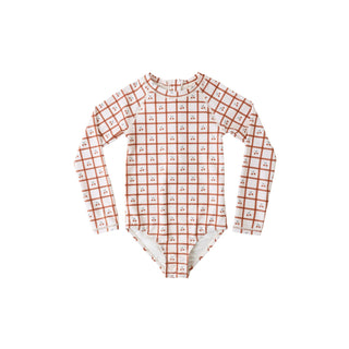 Rylee & Cru Delphine Rashguard One-Piece - Cherry Check
Children's swimsuit with long-sleeve top and checkered pattern on a white background