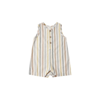 Rylee & Cru Mavrick romper in Valencia Stripe with natural and blue fabric, featuring short sleeves and button detail.