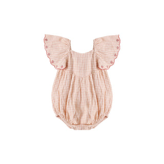 Rylee & Cru Roxy Romper in Petal Gingham, a cute children's romper with pink and white gingham pattern, front button closure.