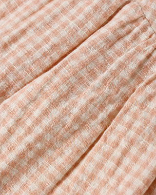 Rylee & Cru Roxy Romper in Petal Gingham, lightweight children's romper with pink and white checkered pattern, front buttons.