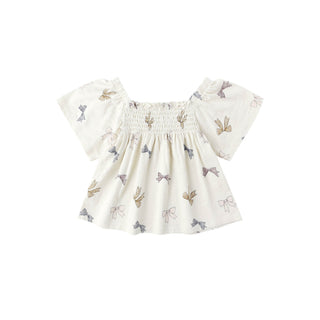 Rylee & Cru Kate Top & Wide Leg Pant Set - Bows White blouse with butterfly pattern on a white background