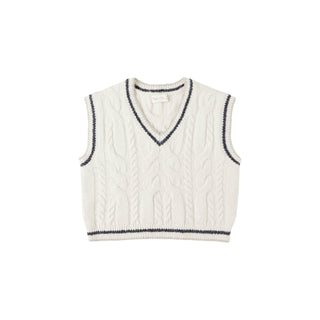 Rylee & Cru Sweater Vest - Natural White cable knit vest with black trim on a white background