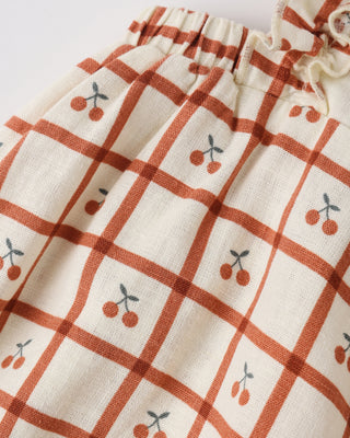 Rylee & Cru Chiara Romper in cherry check fabric, featuring a cute and comfortable design for babies and toddlers.
