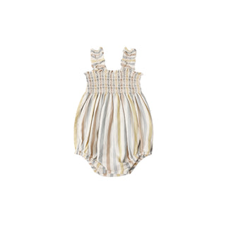 Rylee & Cru Julia romper in Valencia stripe, natural-colored lightweight toddler romper with short sleeves and cute design.