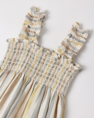 Rylee & Cru Julia romper in Valencia Stripe featuring a natural-colored, lightweight fabric and adjustable straps for a comfortable fit.