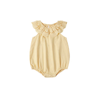 Rylee & Cru Myla romper in lemon print, featuring short sleeves and a playful design for babies and toddlers.