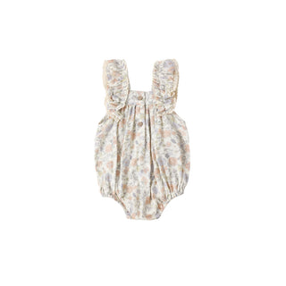 Rylee & Cru Maya romper in ivory with floral bloom pattern, soft fabric, and short sleeves for baby girls.