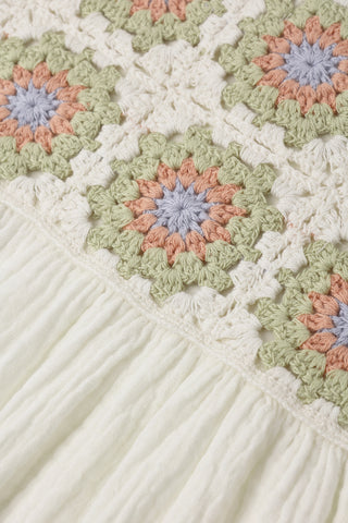 Rylee & Cru crochet sundress in citron daisy check with ivory accents, featuring a sleeveless design and crochet details.