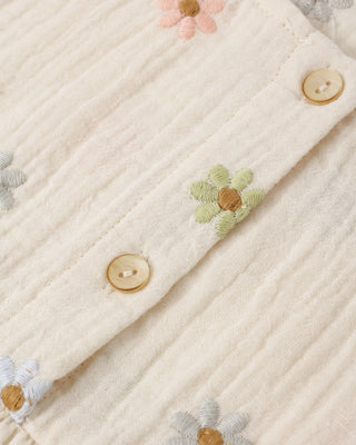 Rylee & Cru Kayli outfit set with embroidered daisies, natural-colored soft fabric for toddlers, includes top and bottoms.