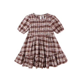 Rylee & Cru India Dress - Burgundy Plaid Plaid dress with short sleeves on a white background