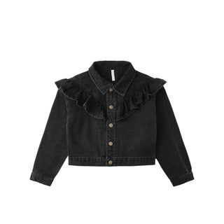 Rylee & Cru Ruffle Denim Jacket - Washed Black
Black denim jacket with ruffled details on a white background