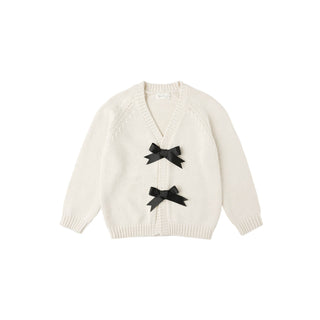 Rylee & Cru Bow Cardigan - Natural
White cardigan with black bows on a white background