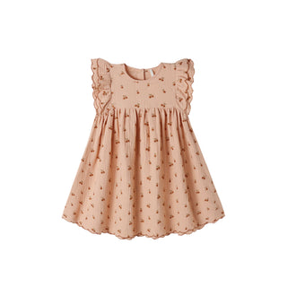 Rylee & Cru Kinsley dress in melon color, featuring a soft, lightweight fabric with a sweet, playful design for young girls.
