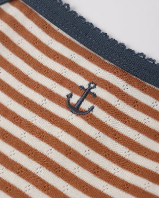 Rylee & Cru Lea Dress in Poppy Stripe with colorful striped pattern, soft fabric, and sleeveless design for young girls.
