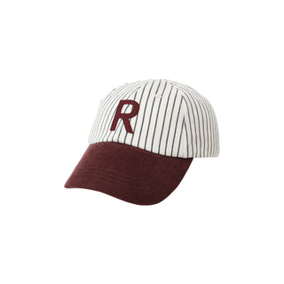 Rylee & Cru Baseball Hat - Navy Pinstripe Baseball cap with white and black pinstripe pattern and maroon 'R' logo on a white background