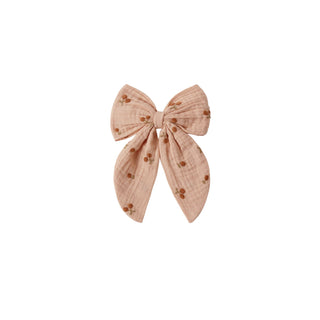 Rylee & Cru Oversized Bow - Cherry Embroidery
Pink bow hair accessory on a white background