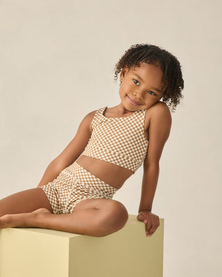 Play by Rylee & Cru Ocre Check Shortie Shorts featuring a stylish checkered pattern and comfortable fit.
