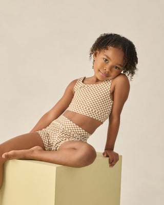Play by Rylee & Cru Ocre Check Shortie Shorts with a plaid pattern and elastic waistband, perfect for casual wear.