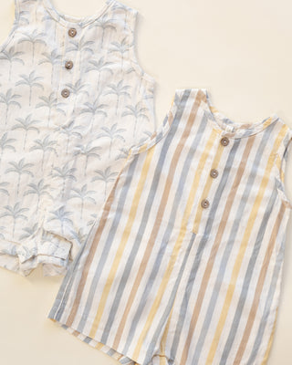 Rylee & Cru Mavrick romper in Valencia Stripe with short sleeves and button detail, perfect for babies or toddlers.
