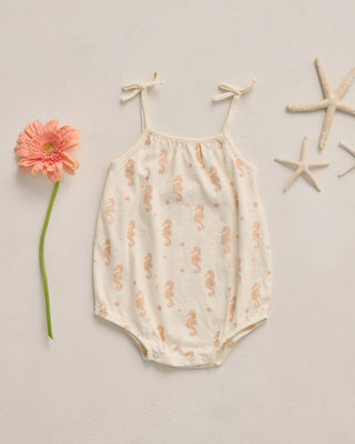 Rylee & Cru Nala Romper for babies featuring a seahorse print, soft fabric, and short sleeves, ideal for warm weather.