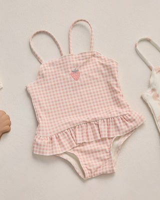 Rylee & Cru Tori Petal Gingham swimsuit for girls, one-piece with skirt detail, featuring pink and white gingham pattern.
